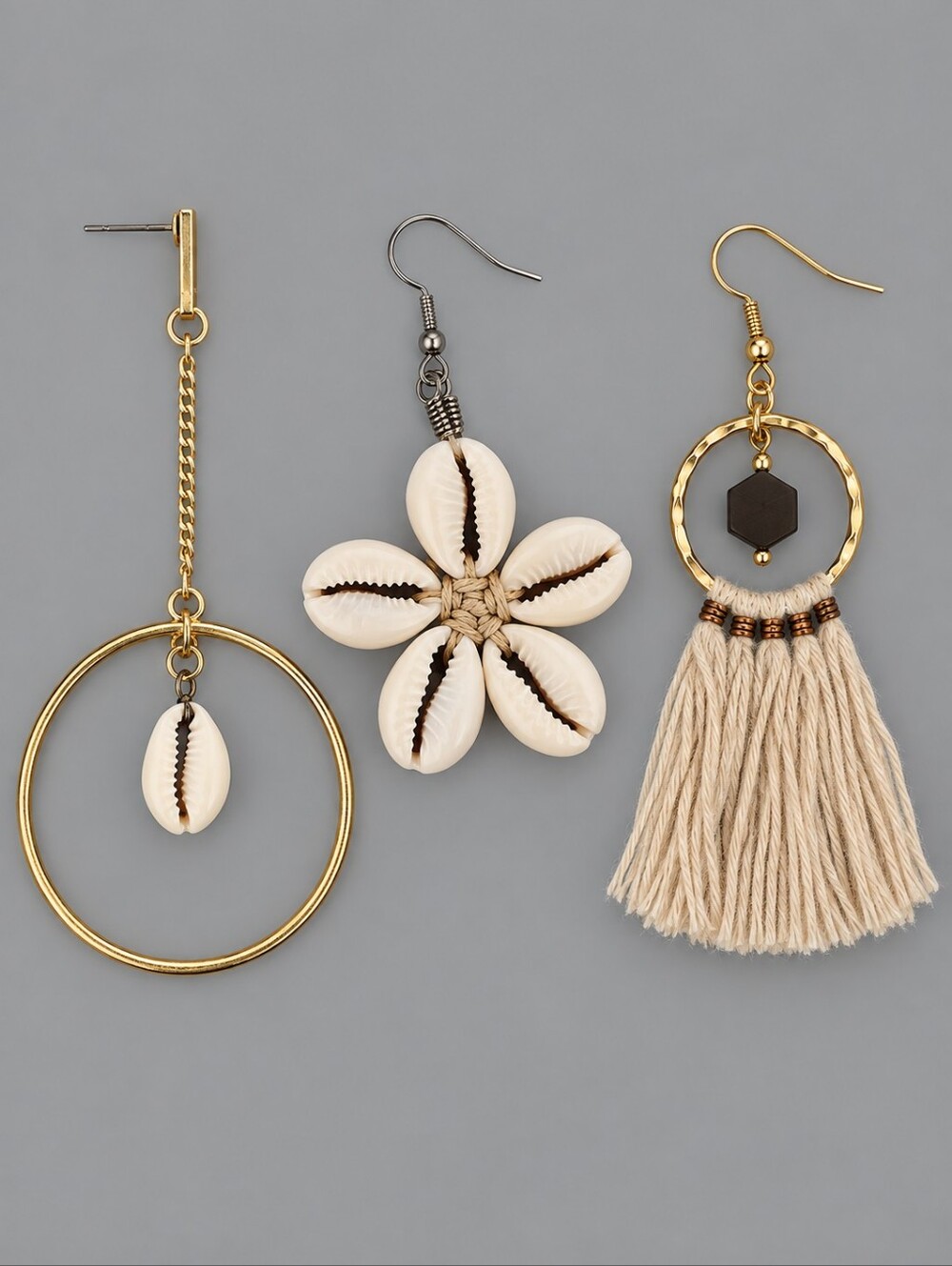 Vintage Set Of Three Beach Boho Shell & Tassel Earrings